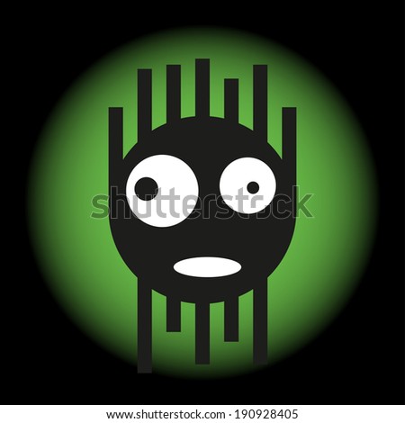 Scared cute monster in the light of a searchlight, vector illustration