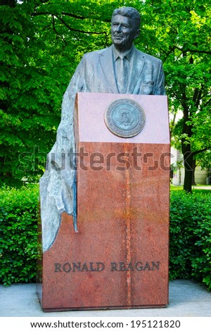 WARSAW, POLAND - MAY 5: Monument to Ronald Regan on May 5, 2014 in Warsaw, Poland. The monument was erected to honor the USA President and his role in supporting the Polish anti-communist movements.