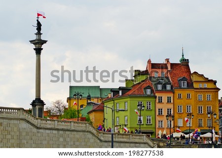 WARSAW, POLAND - MAY 4: King Sigismund III Vasa Column and tenements in Old Town on May 4, 2014 in Warsaw, Poland. The Old Town in Warsaw is placed on the UNESCO list of World Heritage.
