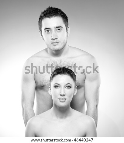 Naked Man and Woman on white background. Black and White