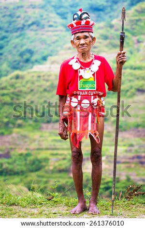 The village of Batad, Philippines March 3, 2015. Close-up portrait of an unknown old man in national costume Ifugao tribe.