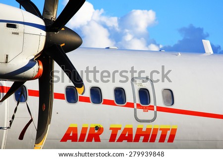TAHITI, FRENCH POLYNESIA - March 2, 2015 - Air Tahiti prop plane before takeoff to islands