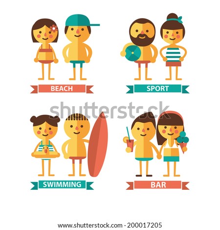 Set of images with the characters on the beach theme Set of images with the characters on the beach theme