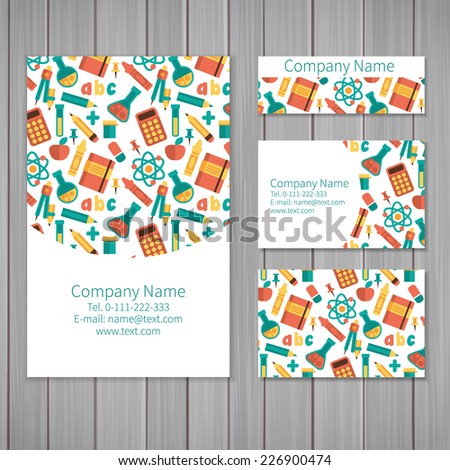 Set of business card and invitation card templates with pattern of scientific Vector background Calculator tube molecules pencils and other objects Set of business card and invitation card templates with pattern of scientific Vector background Calculator tube molecules pencils and other objects