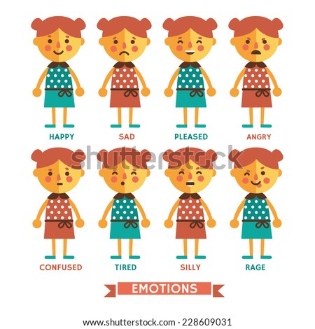 Set of vector emotions of  character in flat style. Happy, sad, pleased, angry, confused, tired, silly, rage. Cartoon emotions of girl  character.