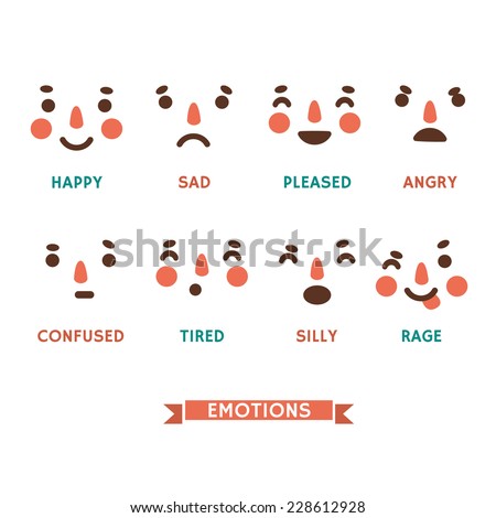 Set of vector emotions of  character in flat style. Happy, sad, pleased, angry, confused, tired, silly, rage. Cartoon emotions of girl  character.