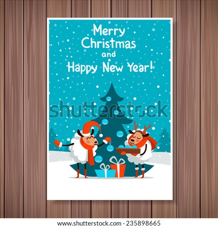 Template Christmas card in a cartoon style Symbol 2015 sheep Cartoon couple of sheep dresses up Christmas tree Template Christmas card in a cartoon style Symbol 2015 sheep Cartoon couple of sheep dresses up Christmas tree