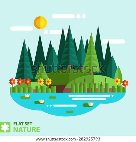 Natural landscape in the flat style. Lake, meadows and fir trees, flowers and reeds - a beautiful park. Environmentally friendly natural landscape.