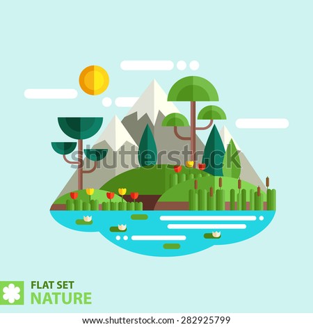 Natural landscape in the flat style. Lake, meadows and fir trees, flowers and reeds - a beautiful park. Environmentally friendly natural landscape.