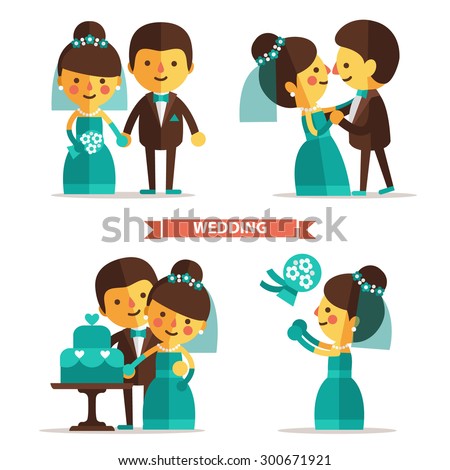 Set Of Cartoon Characters In A Flat Style. Wedding Couple, Man And