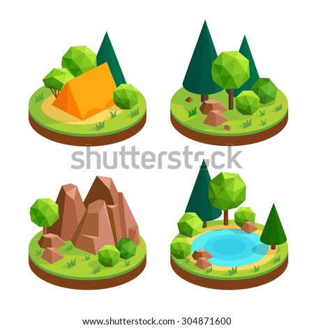 Set of isometric icons  outdoor recreation. Tent in the woods, forest, rocks, lake in the woods - Isometric icons.