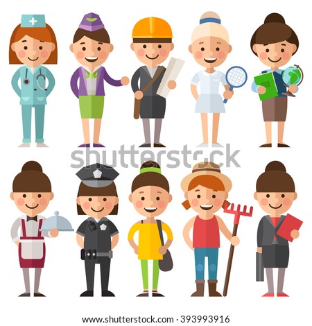 Set of characters in a flat style. Female characters in different roles. Women's profession. Doctor, engineer, athlete, teacher, waitress, police, farmers and other female characters.