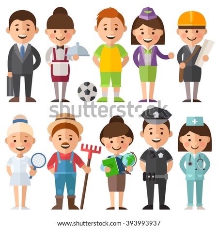 Set of characters in a flat style. Female and male characters in different roles. Women's and mans profession. Doctor, engineer, athlete, teacher, waitress, police, farmers and other characters.