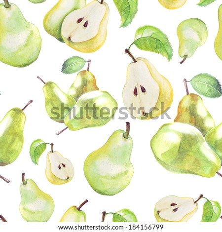 Pears. Food pattern, painted watercolor manually.