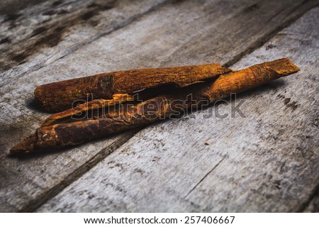 Cinnamon spices for prepare tasty food with soft shadow in the wooden background