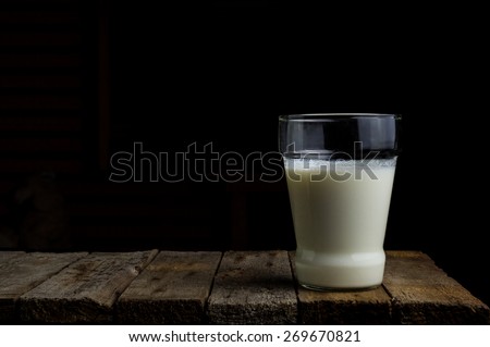 Glass of milk on wooden table vintage