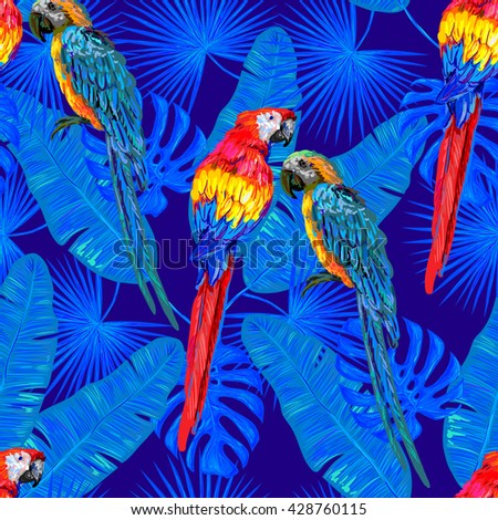 Seamless jungle tropical pattern with parrot exotic bird, palm leaves vector background perfect for wallpaper, pattern fills, web page background, surface textures, textile. Exotic pattern with parrot
