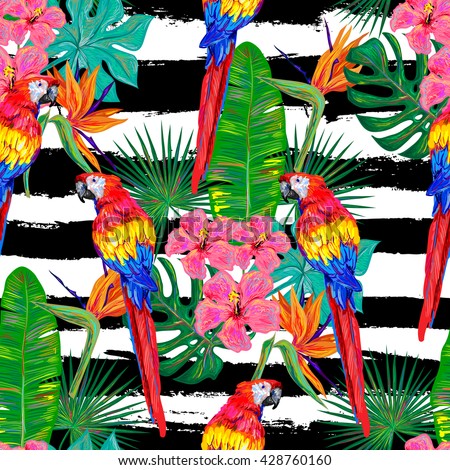 Seamless jungle tropical pattern with parrot exotic bird, palm leaves, flowers vector background perfect for wallpaper, pattern fills, web page backgrounds, surface textures, textile. Exotic pattern