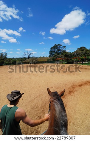 cowboy and his horse in the farm yard