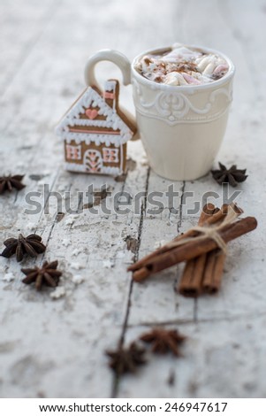 Vintage mug of Cocoa with marshmallows hot drink with gingerbread cookie and cinnamon sticks and anise stars on a white shabby table