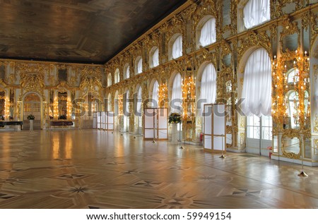The magnificent ballroom inside the Catherine\'s Palace, Tsarskoye Selo (Pushkin), St. Petersburg, Russia.