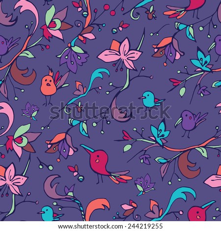 Violet seamless pattern with colorful birds and flowers/Pattern with Flowers and Birds on a Dark Background