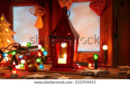 Frosted window with Christmas decoration