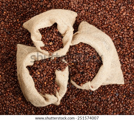 close up of jute bag full of coffee beans, and some coffee beans scattered on a wooden table