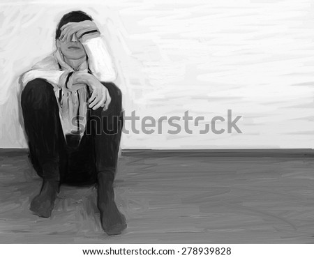 young man - sad - conceptual black and white picture - modern painting
