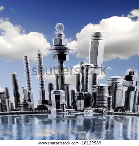 abstract panorama of NY city, made by metal bolt and nut chrome with  clouds