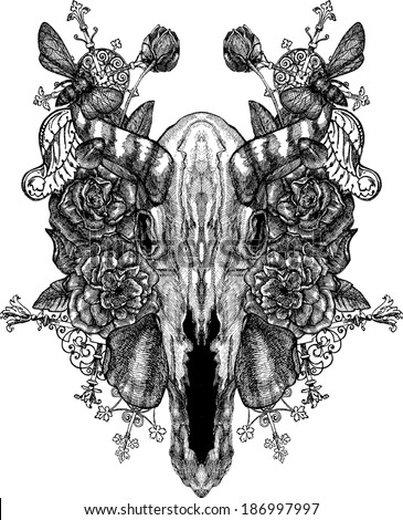 animal skull with flowers.Gothic skull.horned skull animal skull with flowers.Gothic skull.horned skull