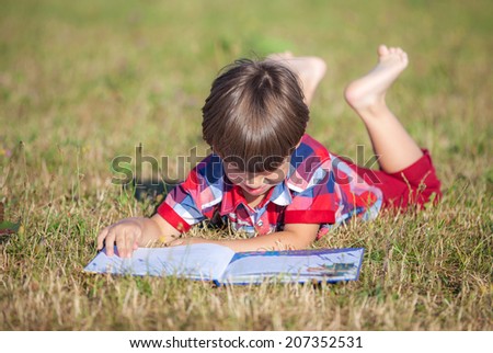 child boy with the book on a glade