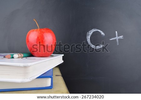 Classroom with red apple,books and school grade