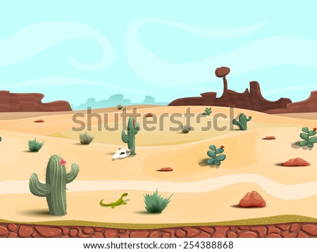 Seamless cartoon desert landscape, vector unending background with desert, herbs, mountains and sky layers.