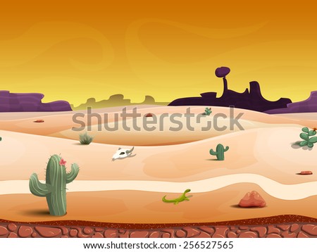 Seamless cartoon desert evening landscape, vector unending background with desert, herbs, mountains and sky layers.