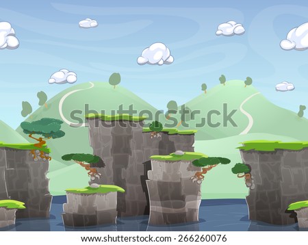 Seamless cartoon nature landscape, vector unending background with ground, hills, river and sky layers.