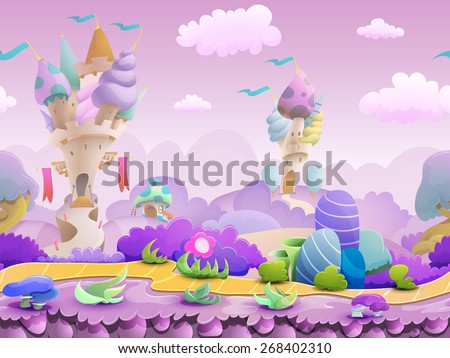 Seamless cartoon fairytale landscape, vector unending background with ground, castles, plants and sky layers.