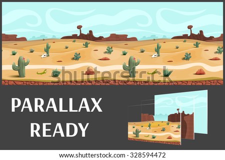 Illustration of a desert landscape ,with herbs, mountains and sky, vector unending background with separated layers for game.