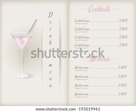 Drink menu template booklet with glass of pink martini and cocktails list