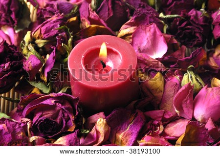 Romantic red candle with dry petals