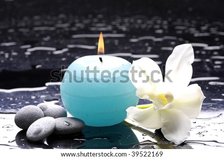 tiger's violet orchids and blue candle on water drops