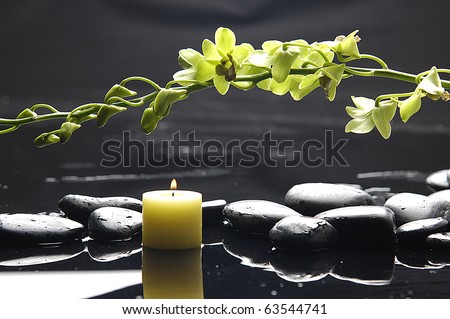 Oriental spa with branch green orchid , candle and zen pebbles