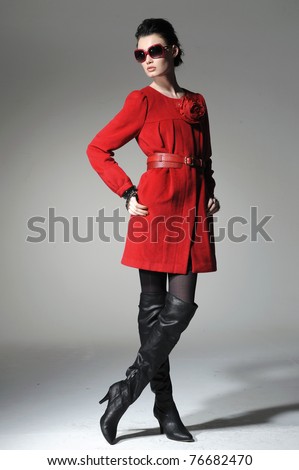 full-length fashion model in red clothes posing