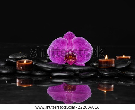 Spa concept with orchid with three candle on black stones background