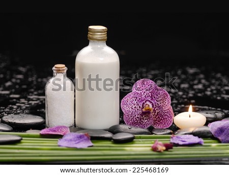 Still life with orchid and candle,oil, with row of plant stem