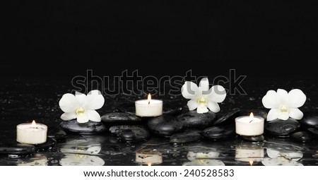 Set of three white orchid with three candle with therapy stones