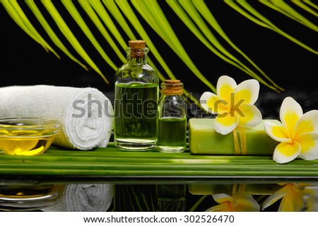 Still life with and candle, frangipani ,soap ,palm with row of plant stem