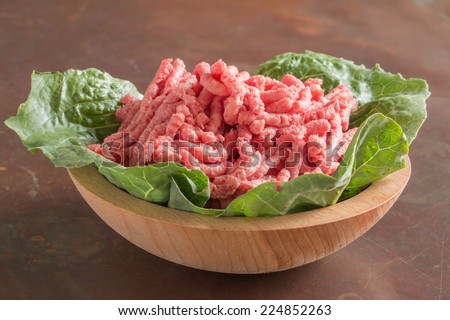 Closeup of bowl full of raw red lean ground meat beef