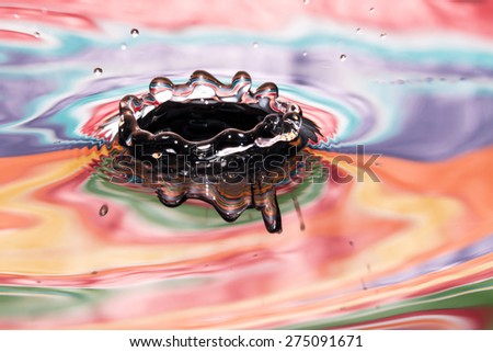 Single solitary drip drop splash of water into reflective colorful calm puddle pool