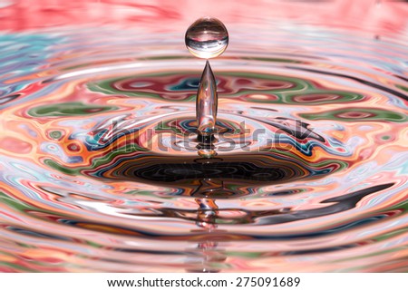 Single solitary drip drop splash of water into reflective colorful calm puddle pool